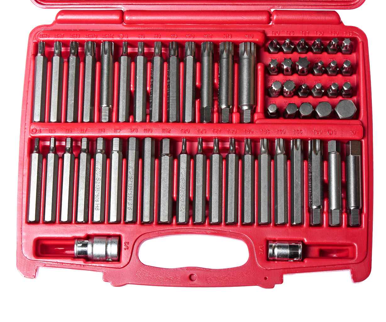 Набор бит 1/2" 3/8" HEX, TORX, SPLINE, RIBE 6-ти гранных 2 держателя 58 предметов в кейсе JTC фото, характеристики
