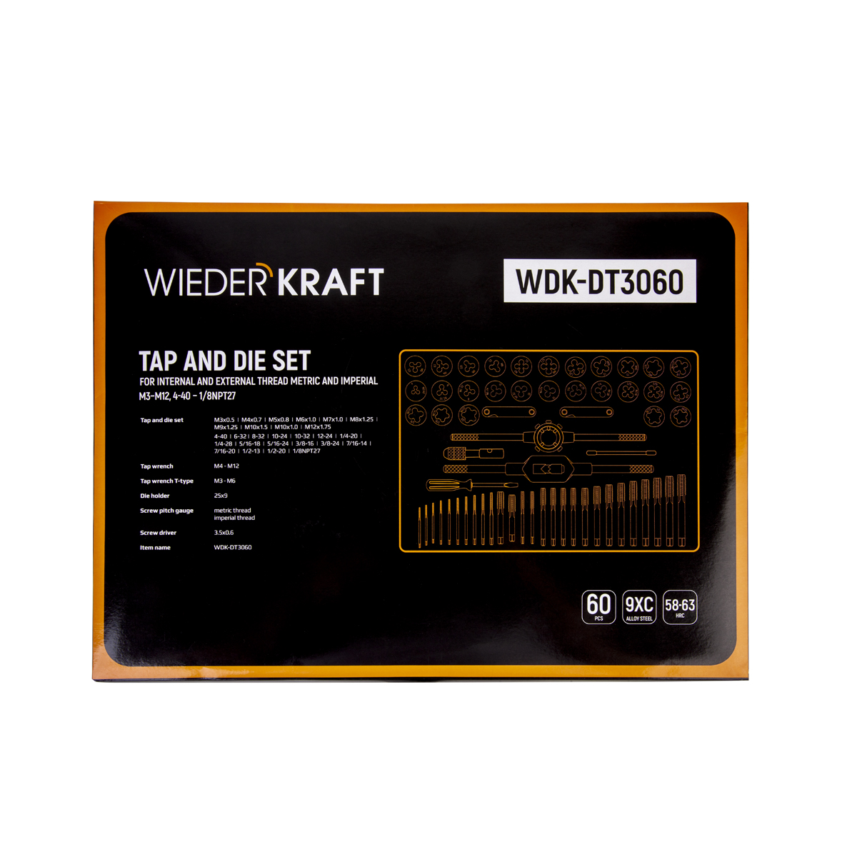 WDK-DT3060 Набор метчиков и плашек М3-М12, 4-40 - 1/8NPT27, 60 предметов, метрическая и дюймовая резьба фото, характеристики