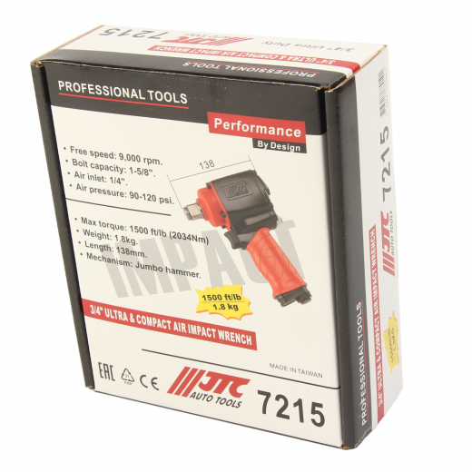 Гайковерт пневматический 3/4" 2034Нм 9000об/мин. 90-120PSI JTC фото, характеристики