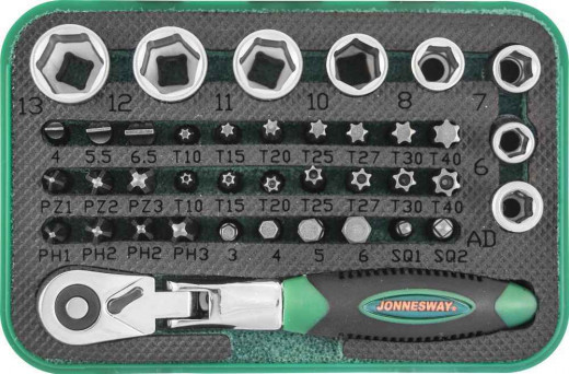 RD02040S Набор рукоятка трещоточная миниатюрная 1/4"DR со вставками-битами и головками торцевыми , 40 предметов фото, характеристики