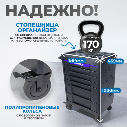 OPT-717P Тележка инструментальная, 7 полок с набором инструментов, пластиковая столешница фото, характеристики