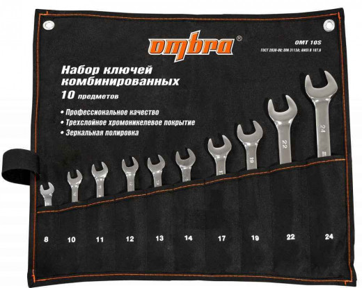OMT10S Набор ключей гаечных комбинированных в сумке, 8-24 мм, 10 предметов фото, характеристики
