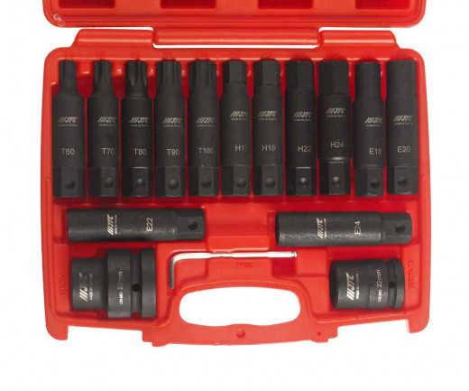 Набор бит 3/4" SPLINE Е18-24, TORX Т60-100, HEX Н17-24 ударных с держат. 3/4", 1" 107мм 16 пр. JTC фото, характеристики