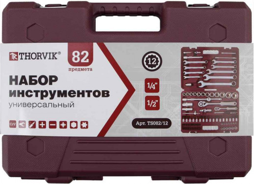 TS082/12 Набор инструмента универсальный 1/4", 1/2"DR с головками торцевыми 12-гранными, 82 предмета фото, характеристики