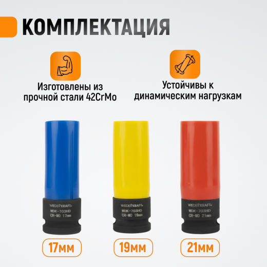WDK-703HD Набор ударных головок тонкостенных с увеличенным рабочим ресурсом 1/2" фото, характеристики