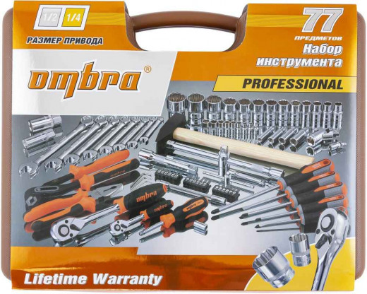OMT77S12 Набор инструмента универсальный 1/4", 1/2"DR с головками торцевыми 12-гранными 1/2"DR, 77 предметов фото, характеристики