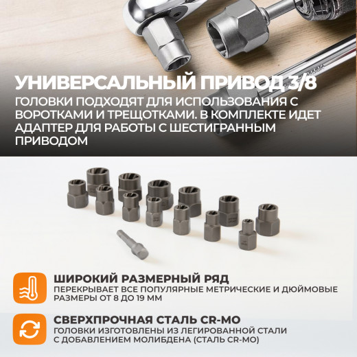 WDK-65482 Набор экстракторов для болтов и гаек с адаптером, 8-19 мм фото, характеристики