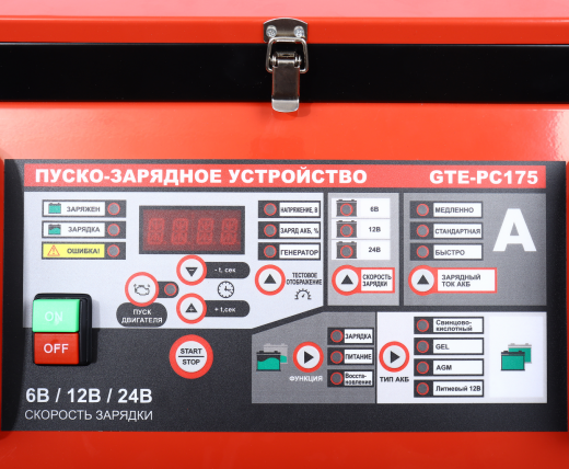 Устройство пуско-зарядное 6-12-24V/80-750Ач/1250А передвижное GTE фото, характеристики