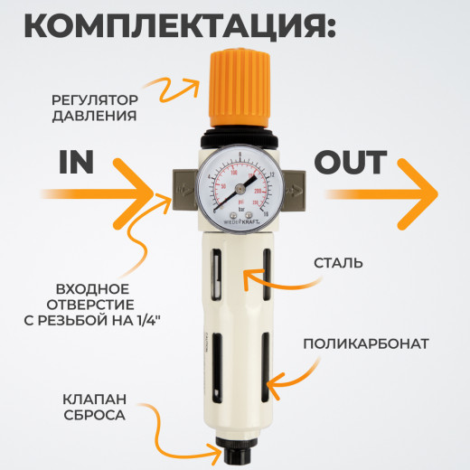 WDK-7720FA Фильтр-масловлагоотделитель 1/4" 5 мкм, 16 бар, с регулятором давления и автоматическим сбросом фото, характеристики