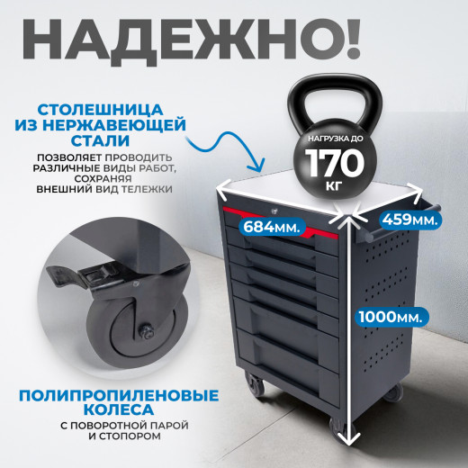 OPT-717MR Тележка инструментальная, 7 полок с набором инструментов 298 пр, металлическая столешница фото, характеристики