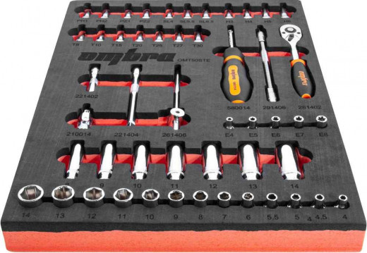 OMT50STE Набор головок торцевых 1/4" DR 4-14 мм, внешний TORX® Е4-Е8 с аксессуарами в EVA ложементе 280х375 мм, 50 предметов фото, характеристики
