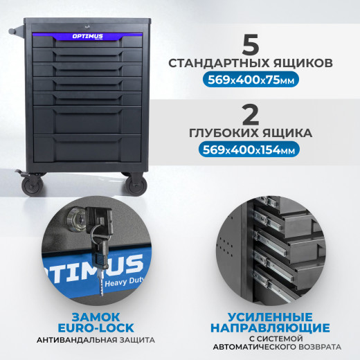OPT-717P Тележка инструментальная, 7 полок с набором инструментов, пластиковая столешница фото, характеристики