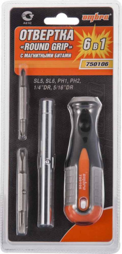 750106 Отвертка стержневая 6 в 1 ROUND GRIP 1/4",5/16"DR, SL5,6, PH1,2 фото, характеристики