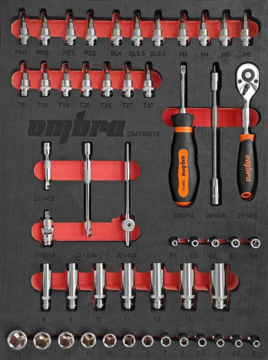 OMT50STE Набор головок торцевых 1/4" DR 4-14 мм, внешний TORX® Е4-Е8 с аксессуарами в EVA ложементе 280х375 мм, 50 предметов фото, характеристики
